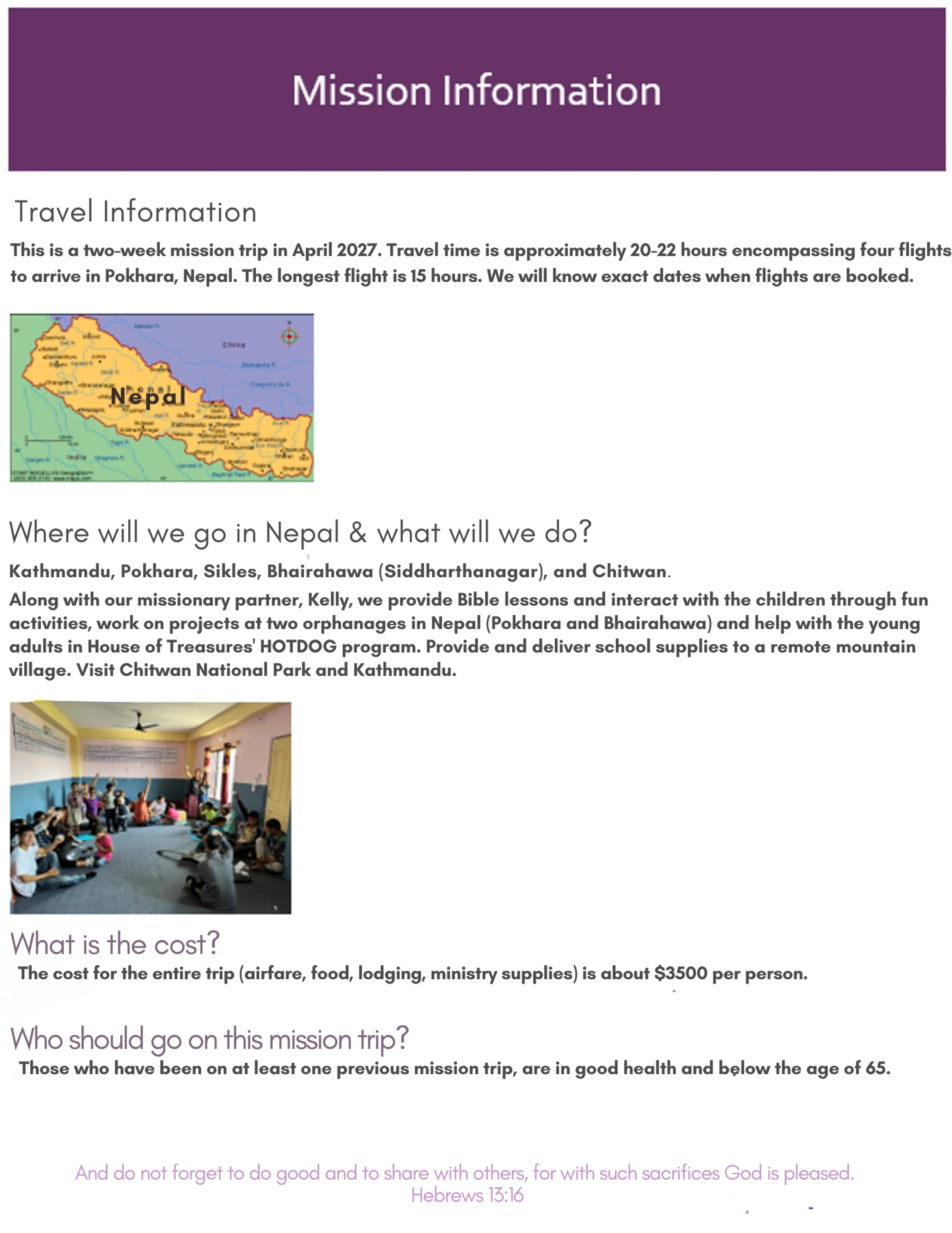 An informational flyer for a mission trip to Nepal. It details travel, activities, cost, and requirements, and includes a map and a photo of children.