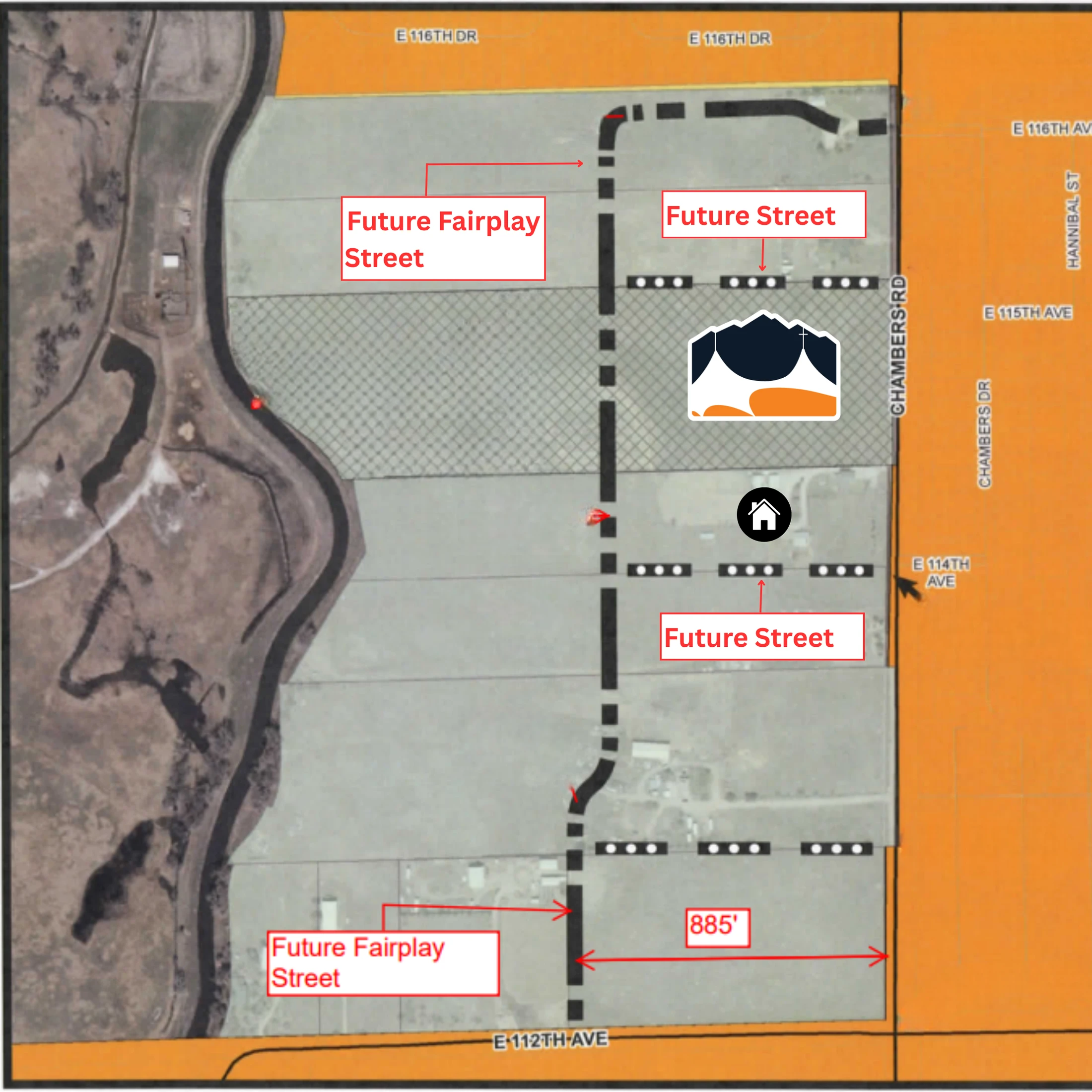 An aerial map overlaid with a site plan showing the location of future streets, including Fairplay Street, and new building lots next to Chambers Road.