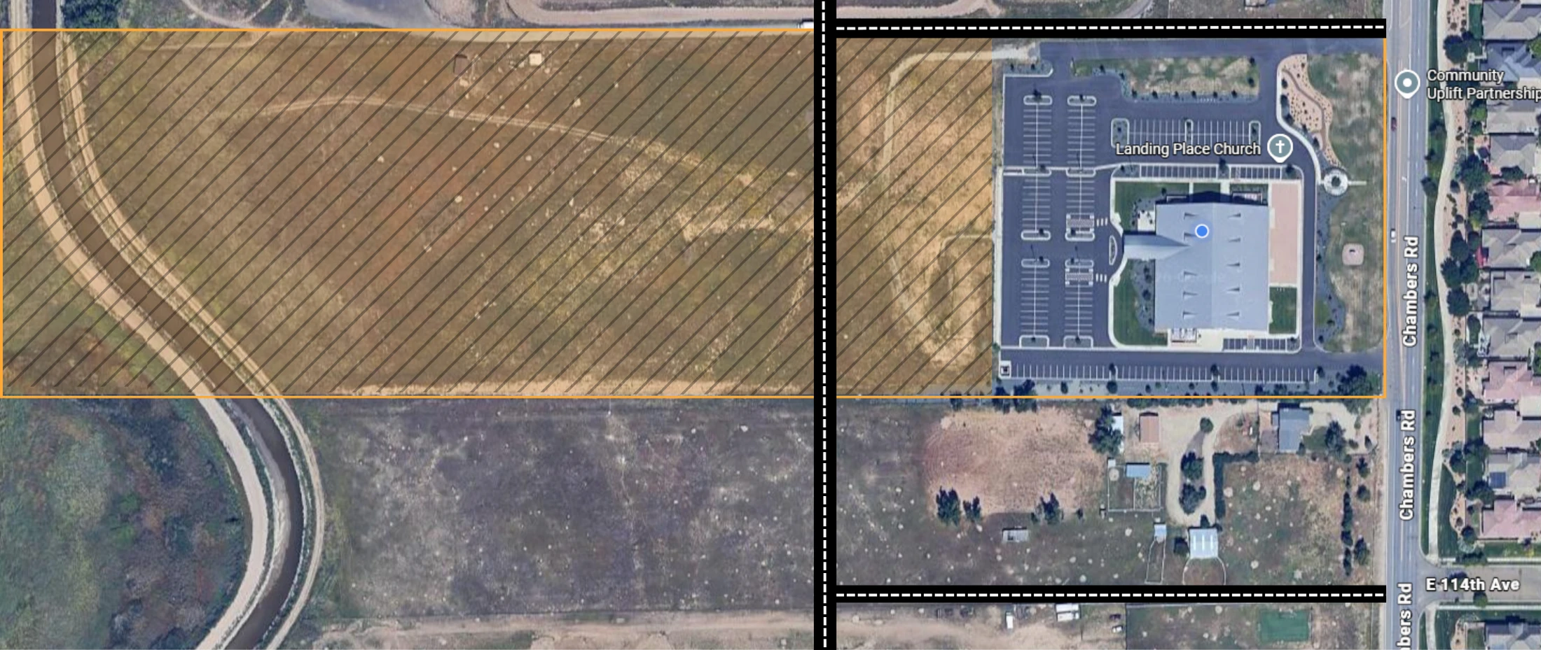 An aerial map shows a large, undeveloped parcel of land, highlighted with hash marks, located next to the Landing Place Church on Chambers Road.