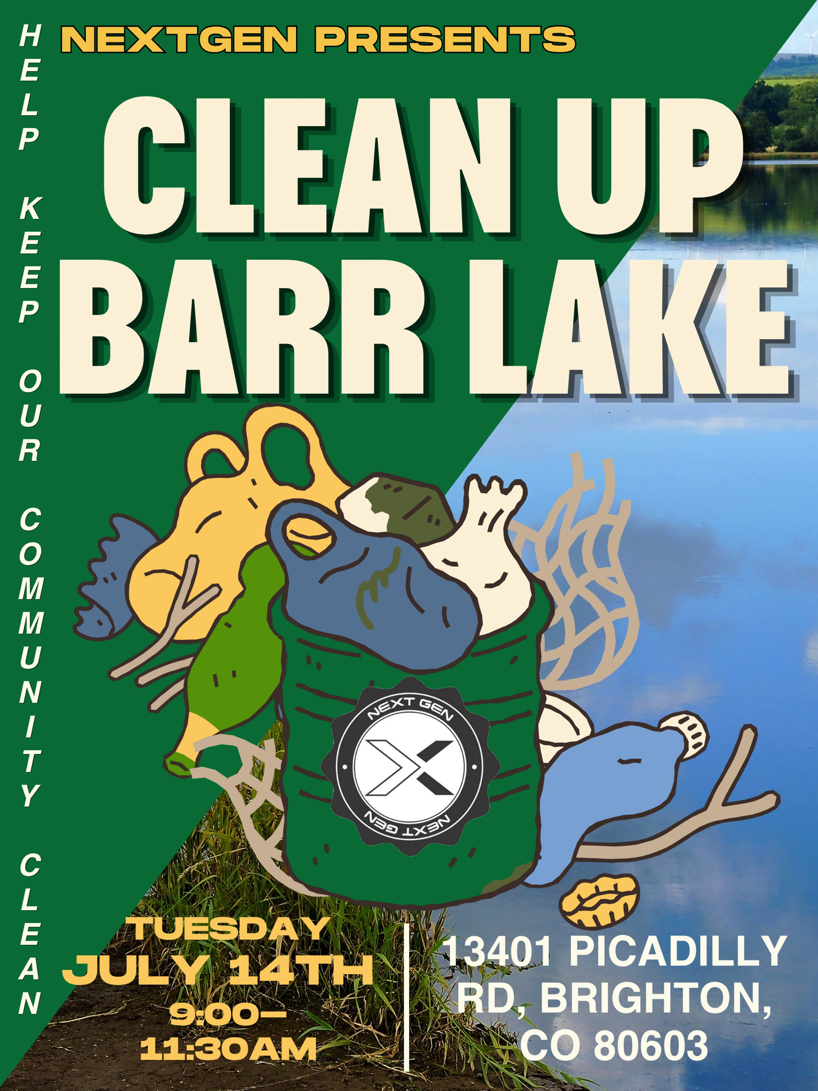 A poster for a community cleanup event at Barr Lake, presented by Nextgen. It features event details and an illustration of a trash can full of litter.