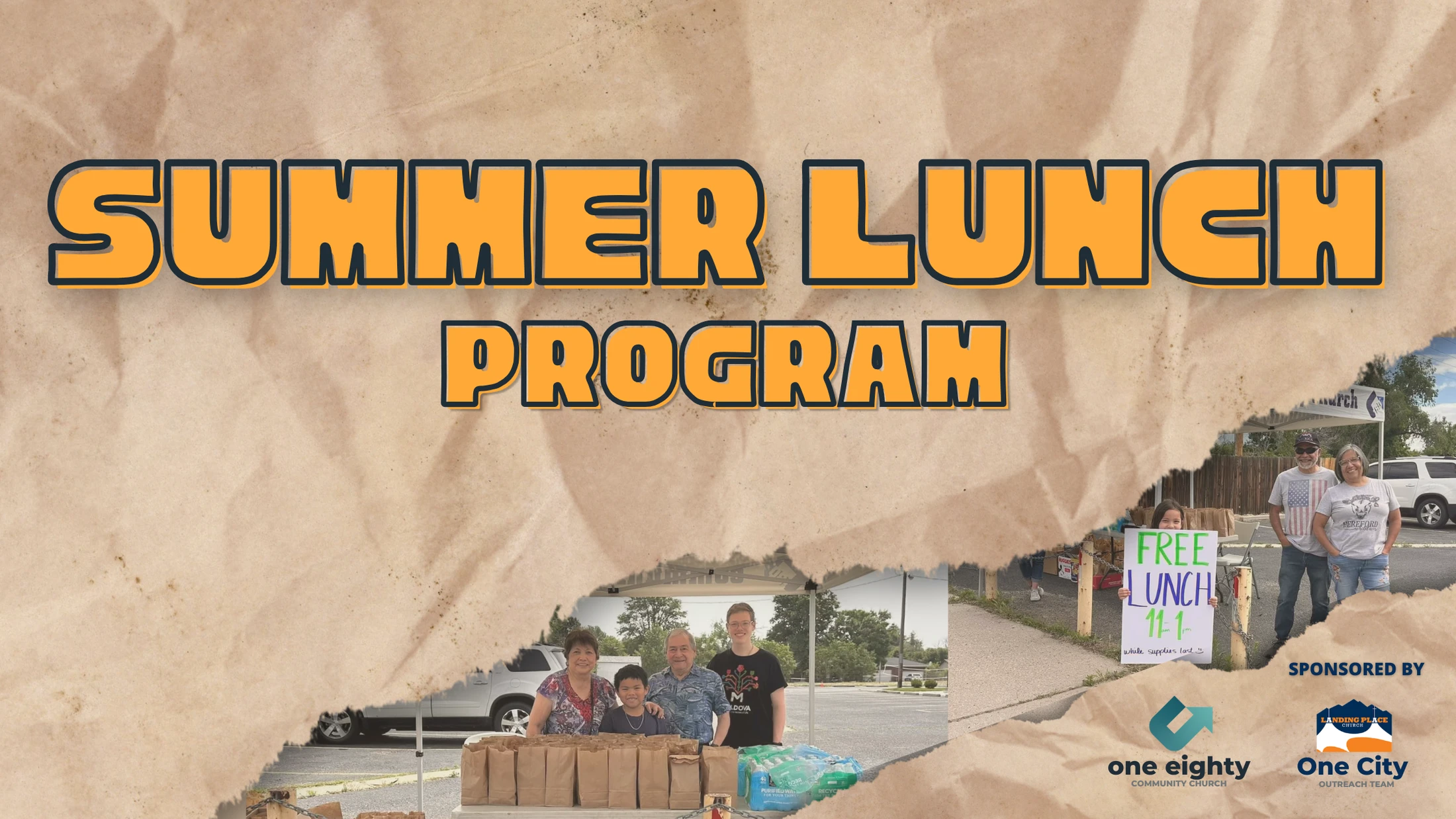 A promotional graphic for a Summer Lunch Program with photos of volunteers giving out free meals in paper bags. Sponsored by local community churches.