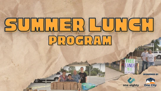 A promotional graphic for a Summer Lunch Program with photos of volunteers giving out free meals in paper bags. Sponsored by local community churches.