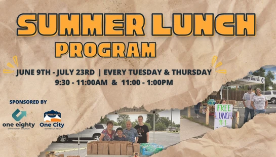 A flyer for a summer lunch program with event dates and times. It includes photos of volunteers handing out free meals from a tent.