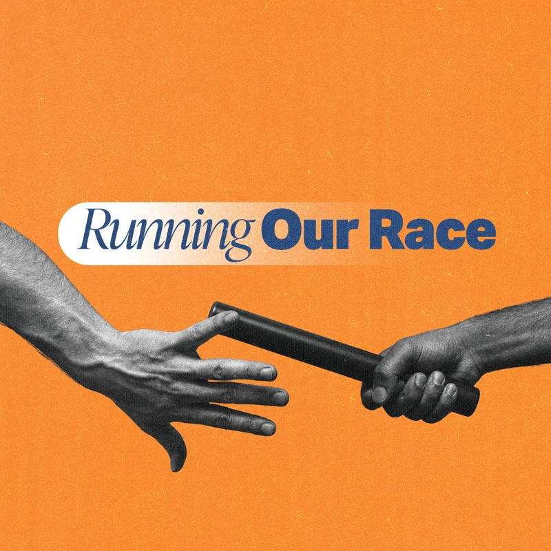 A black and white image of one hand passing a relay baton to another on a textured orange background, with the text 'Running Our Race' overlaid.