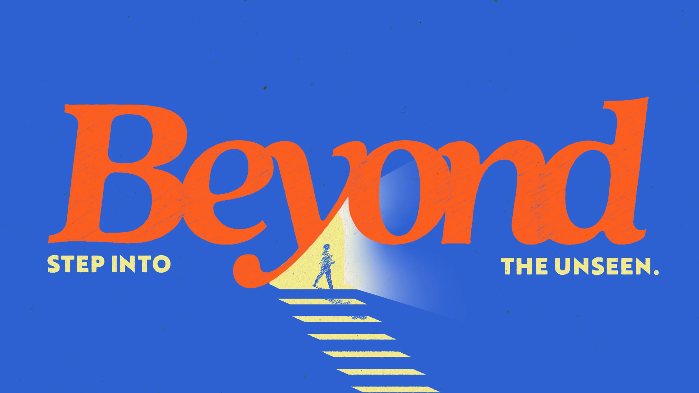 An illustration with the word 'Beyond' in orange on a blue background. A person walks up stairs into a doorway of light formed by the letter 'y'.