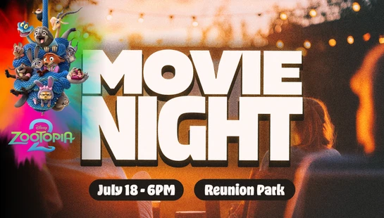 An event poster for a 'Movie Night' showing 'Zootopia 2'. It lists the date as July 18 at 6PM at Reunion Park, with film characters on the left.
