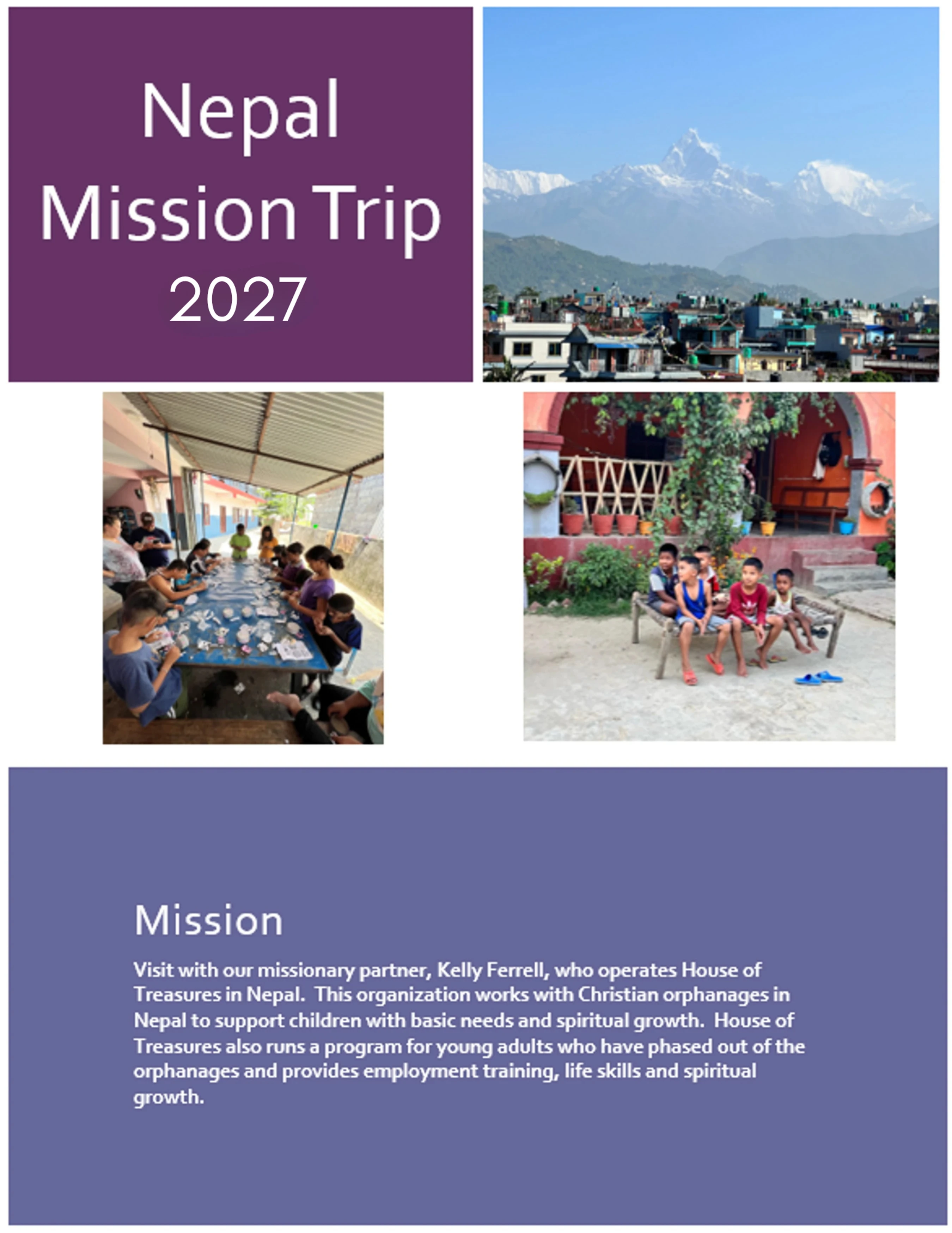 A flyer for a 2027 mission trip to Nepal. It features photos of mountains, children doing crafts, and a description of the mission to support orphanages.