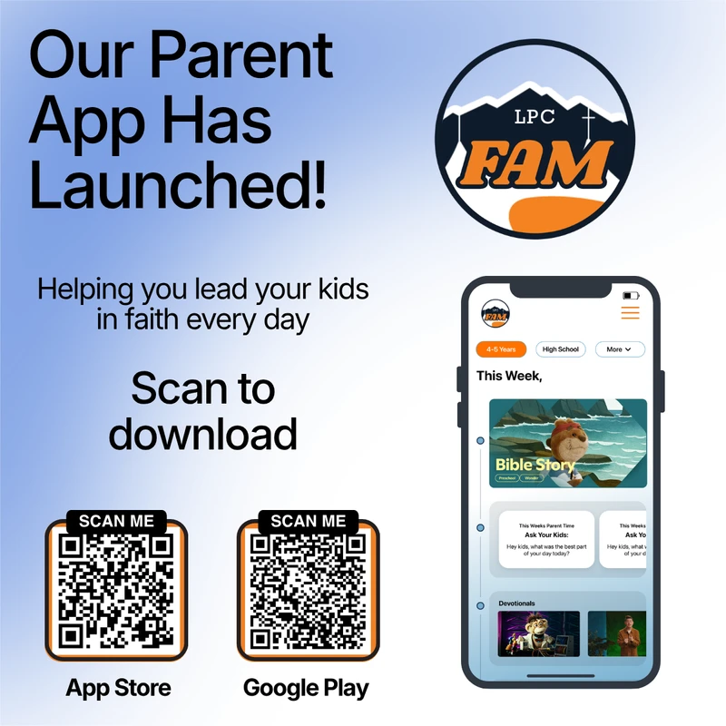 An announcement for a new parent app with a logo, a smartphone mockup showing the app interface, and two QR codes for download on the App Store and Google Play.