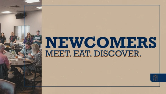 A graphic for a newcomers event. On the left, people eat and talk at tables. On the right, text reads 'NEWCOMERS. MEET. EAT. DISCOVER.' on a tan background.