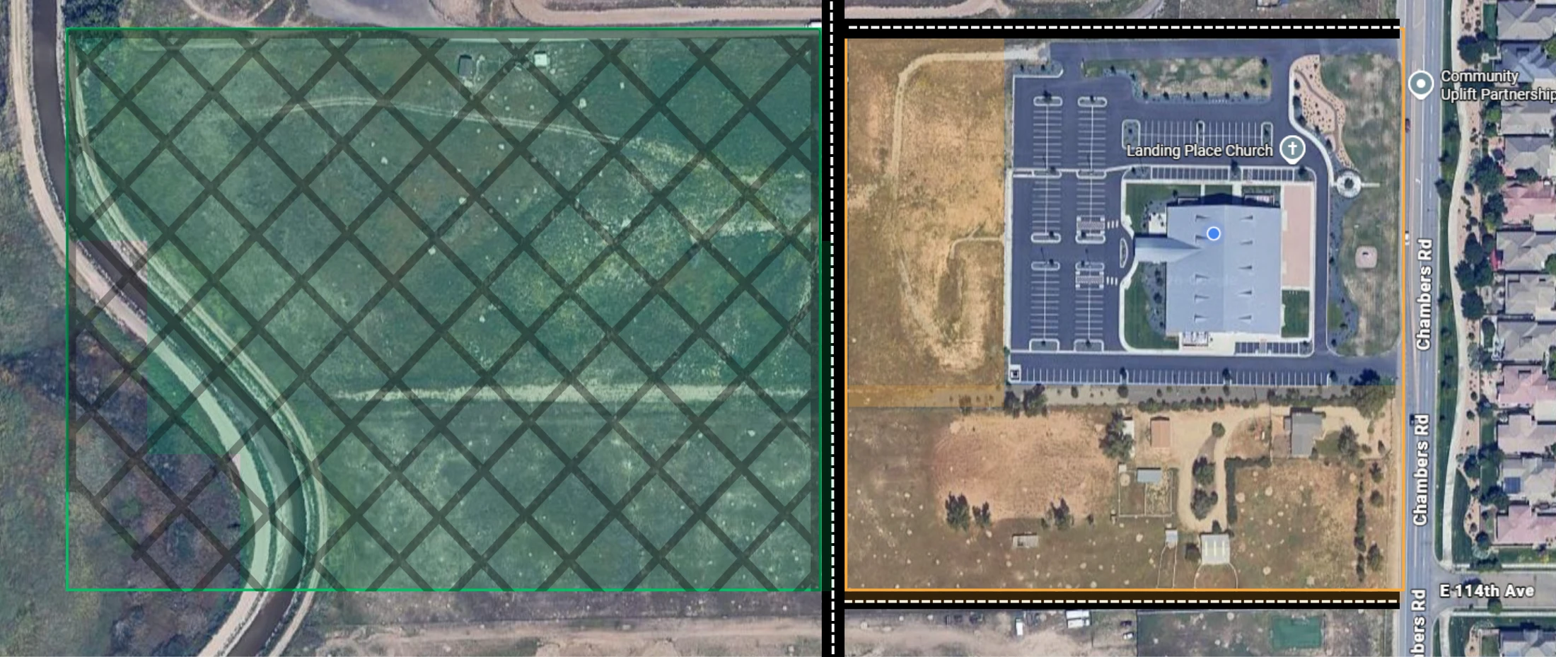An aerial satellite map showing highlighted parcels of land. A large green field is crosshatched, located next to the Landing Place Church and Chambers Rd.