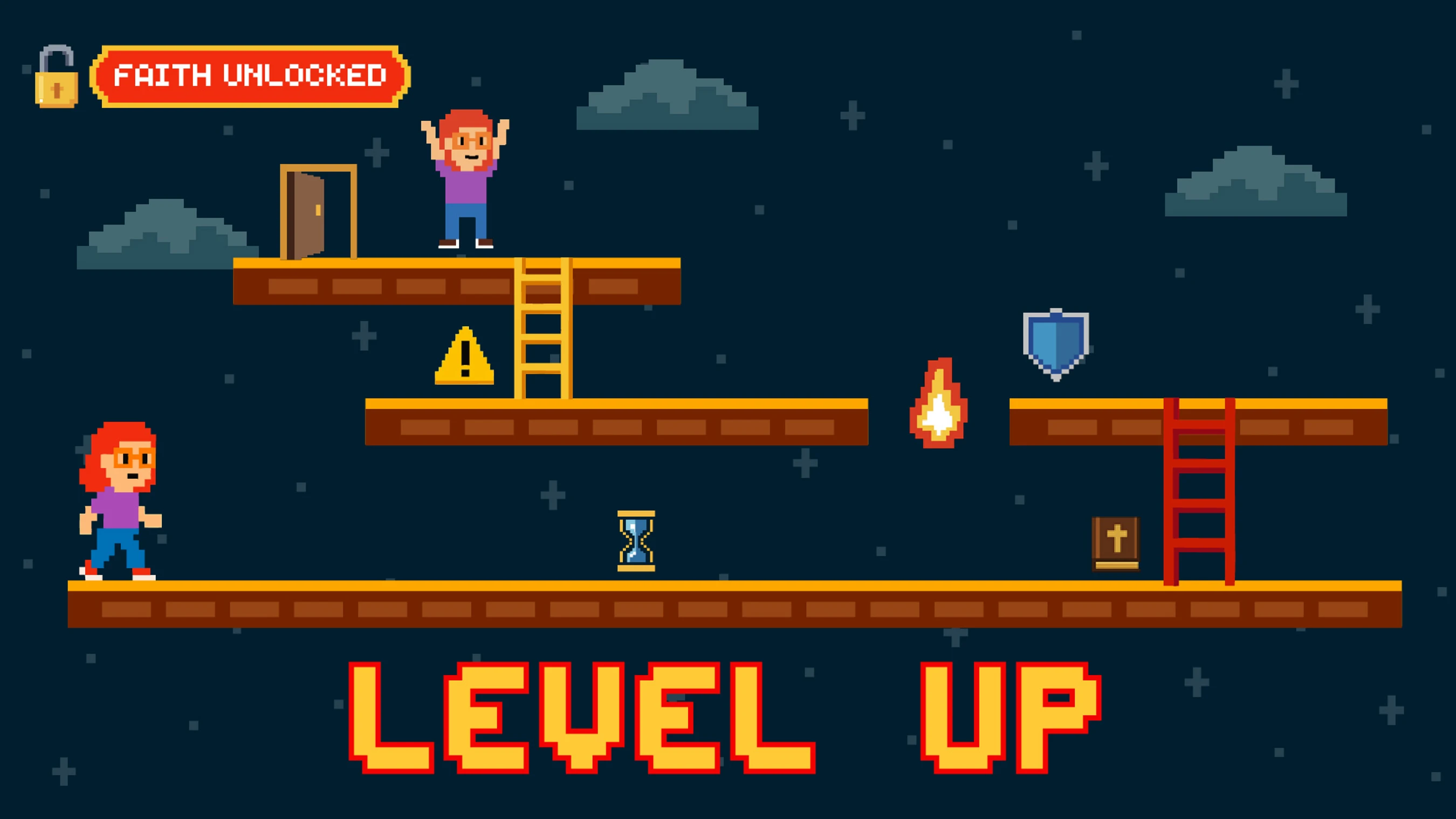 A pixel art scene of a video game with platforms, characters, and obstacles. Text reads 'FAITH UNLOCKED' and 'LEVEL UP', with religious symbols like a Bible.