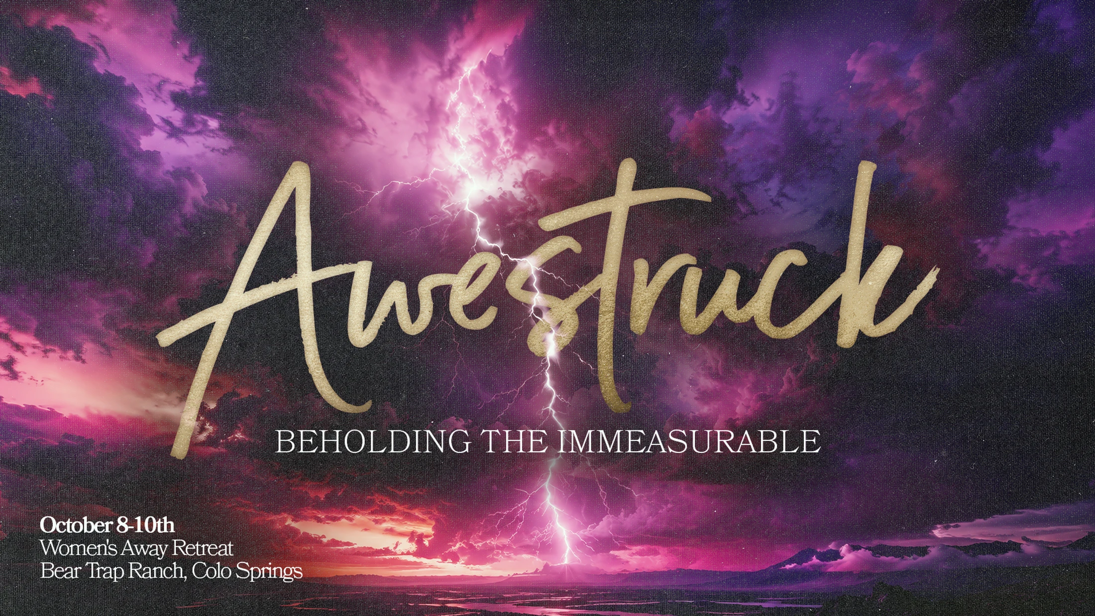 A promo graphic for the 'Awestruck' Women's Away Retreat. The title is in gold script over a dramatic purple and pink sky with a large lightning strike.