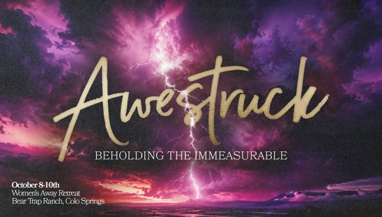A promo graphic for the 'Awestruck' Women's Away Retreat. The title is in gold script over a dramatic purple and pink sky with a large lightning strike.