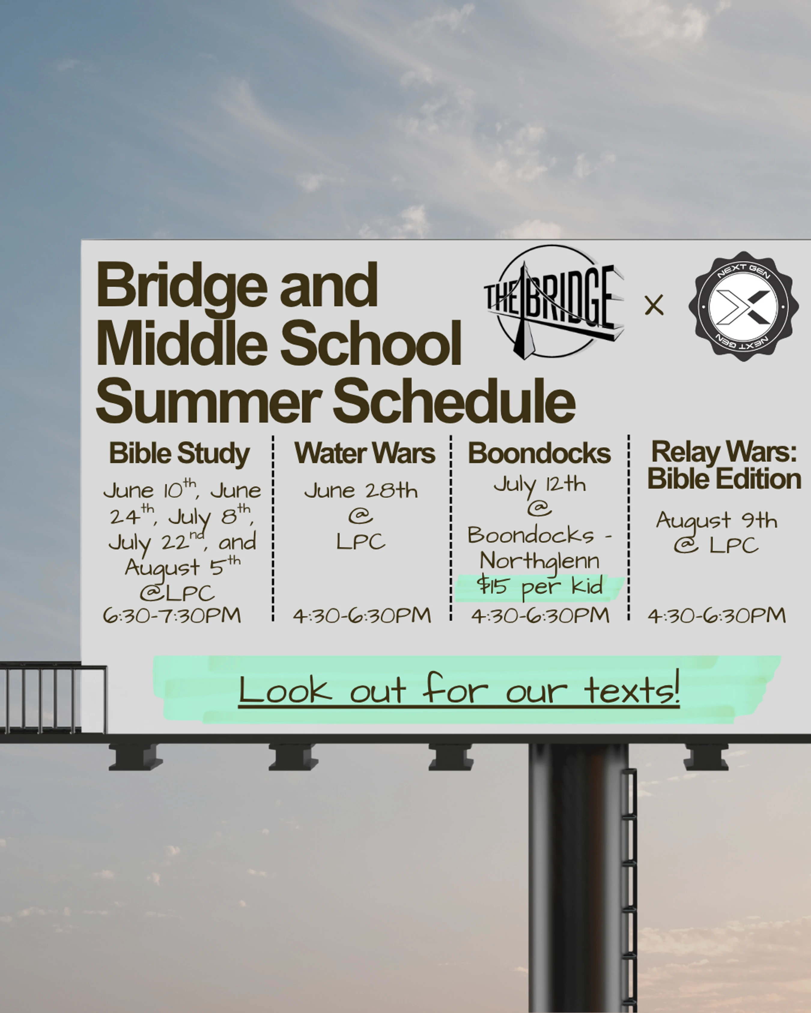 A billboard against a cloudy sky displays the summer schedule for a middle school youth group, listing events like Bible Study, Water Wars, and Boondocks.
