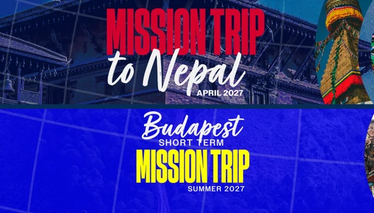 A graphic announcing two mission trips for 2027. The top half promotes a trip to Nepal, and the bottom half promotes a trip to Budapest.
