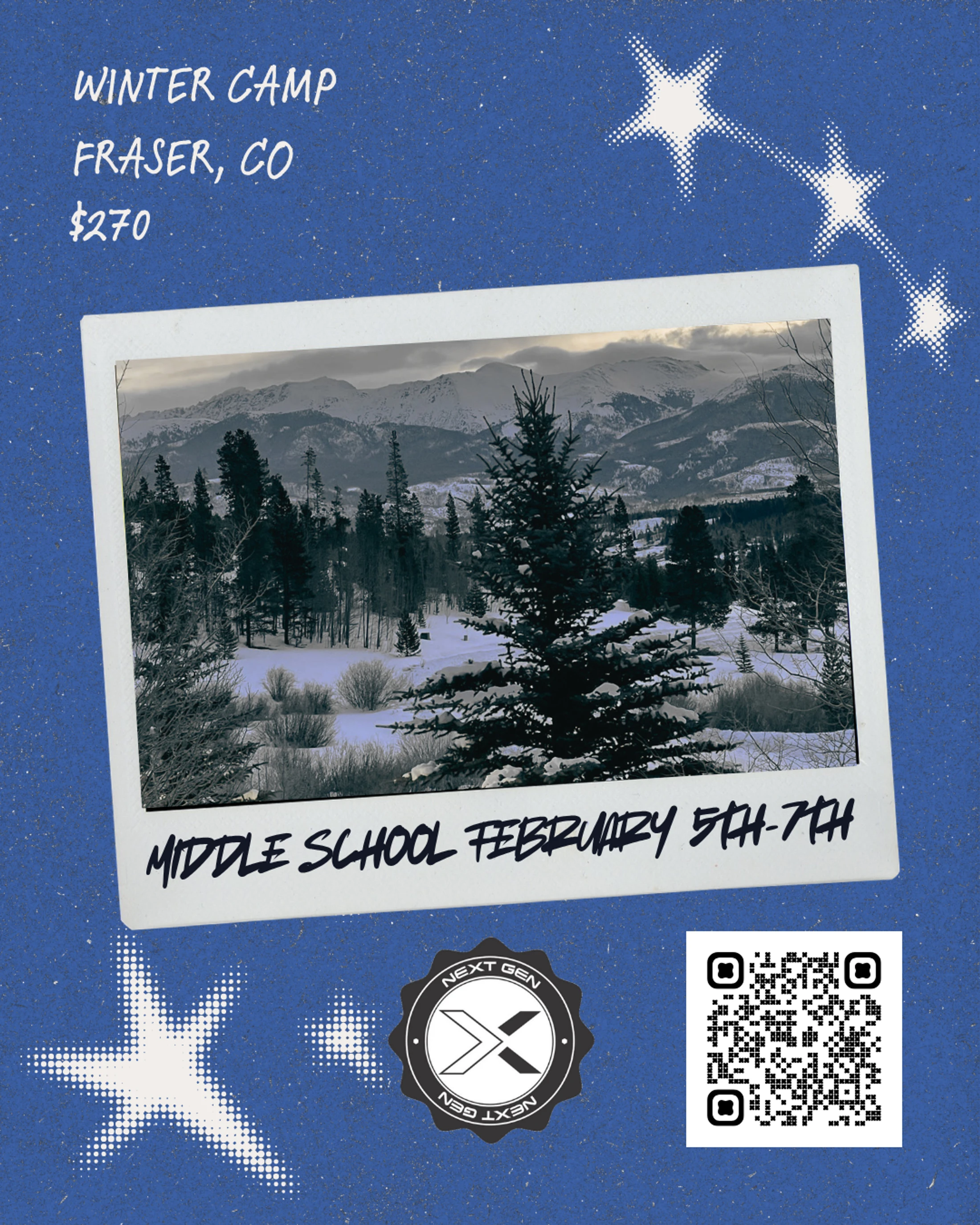 A blue flyer for a middle school winter camp in Fraser, CO. It features a polaroid of a snowy mountain scene, event details, a logo, and a QR code.