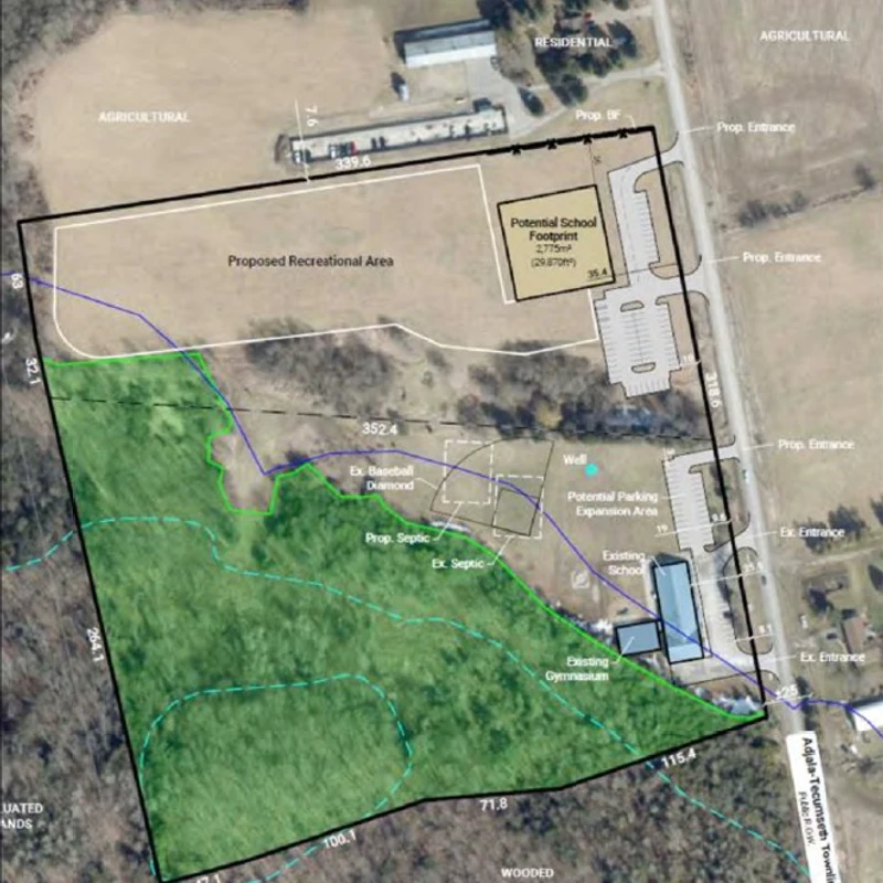 An aerial site plan showing the proposed location for a new school, recreational area, and parking, adjacent to an existing school and gymnasium.