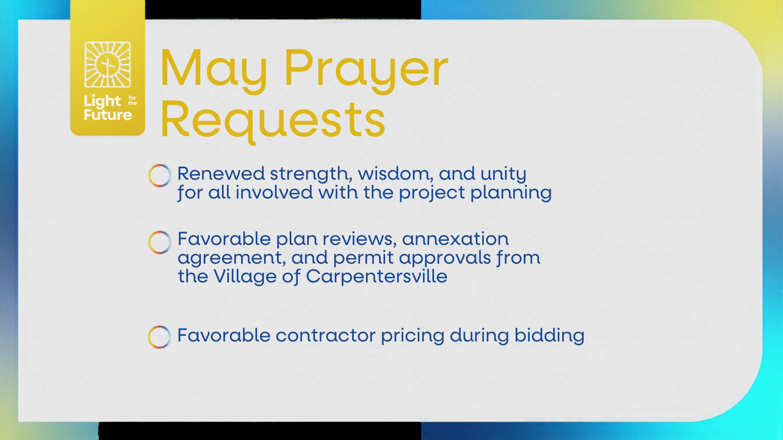 A graphic listing May Prayer Requests for the Light for the Future project, including prayers for project planning, approvals, and contractor bidding.