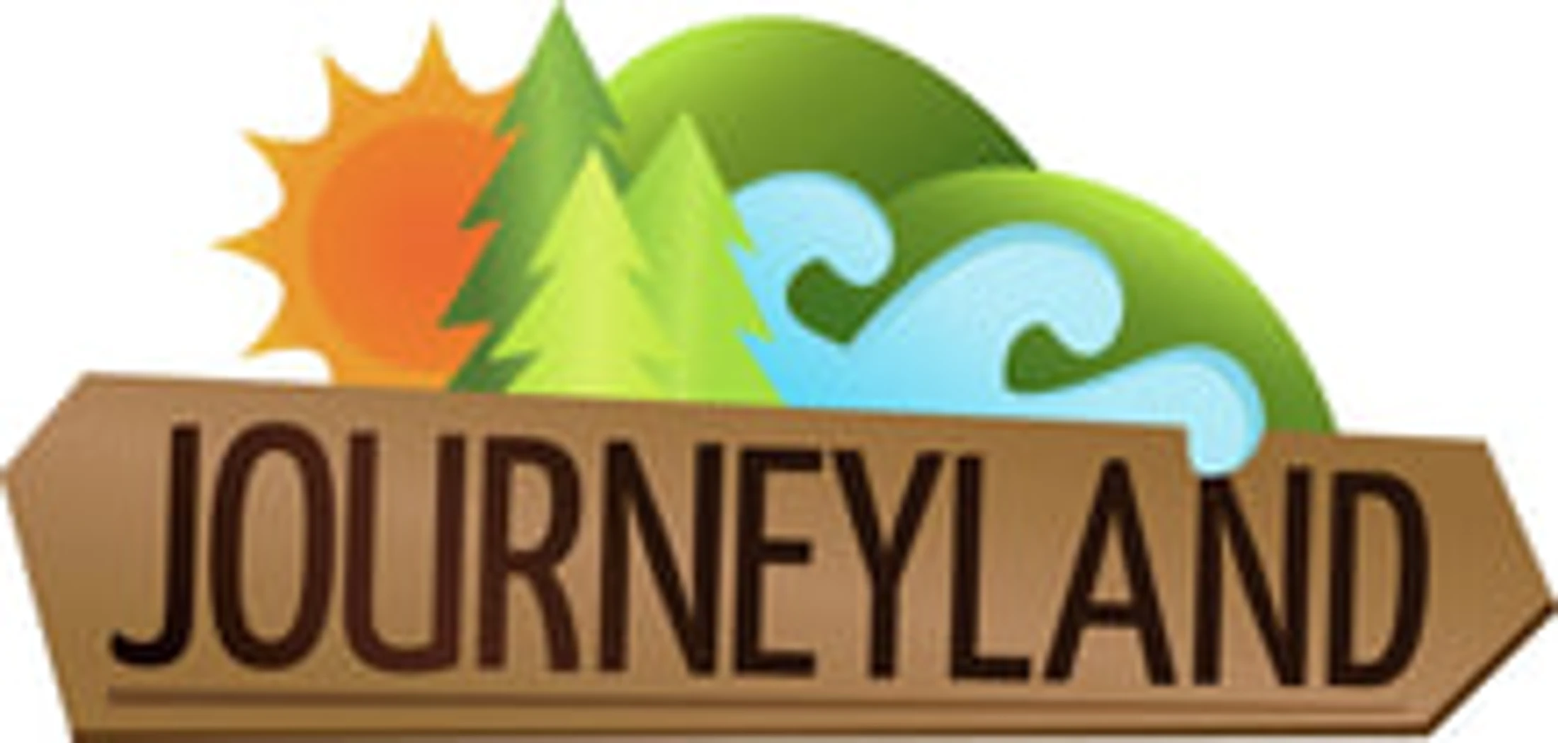 The Journeyland logo on a wooden signpost, with a background of a sun, pine trees, green hills, and blue ocean waves.