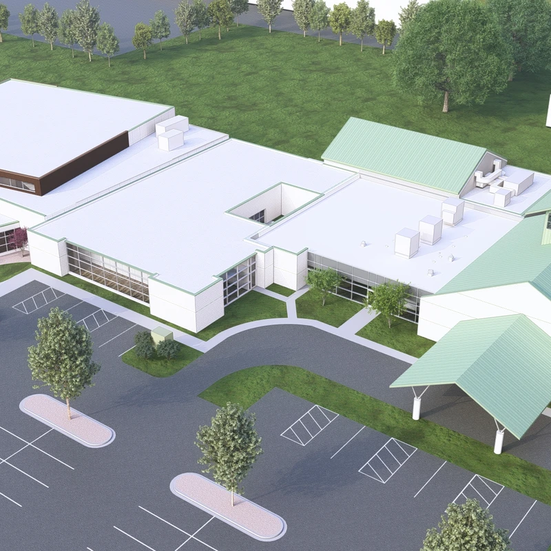 An aerial 3D rendering of a large, modern white building with a green roof, next to a parking lot and surrounded by green lawns and trees.