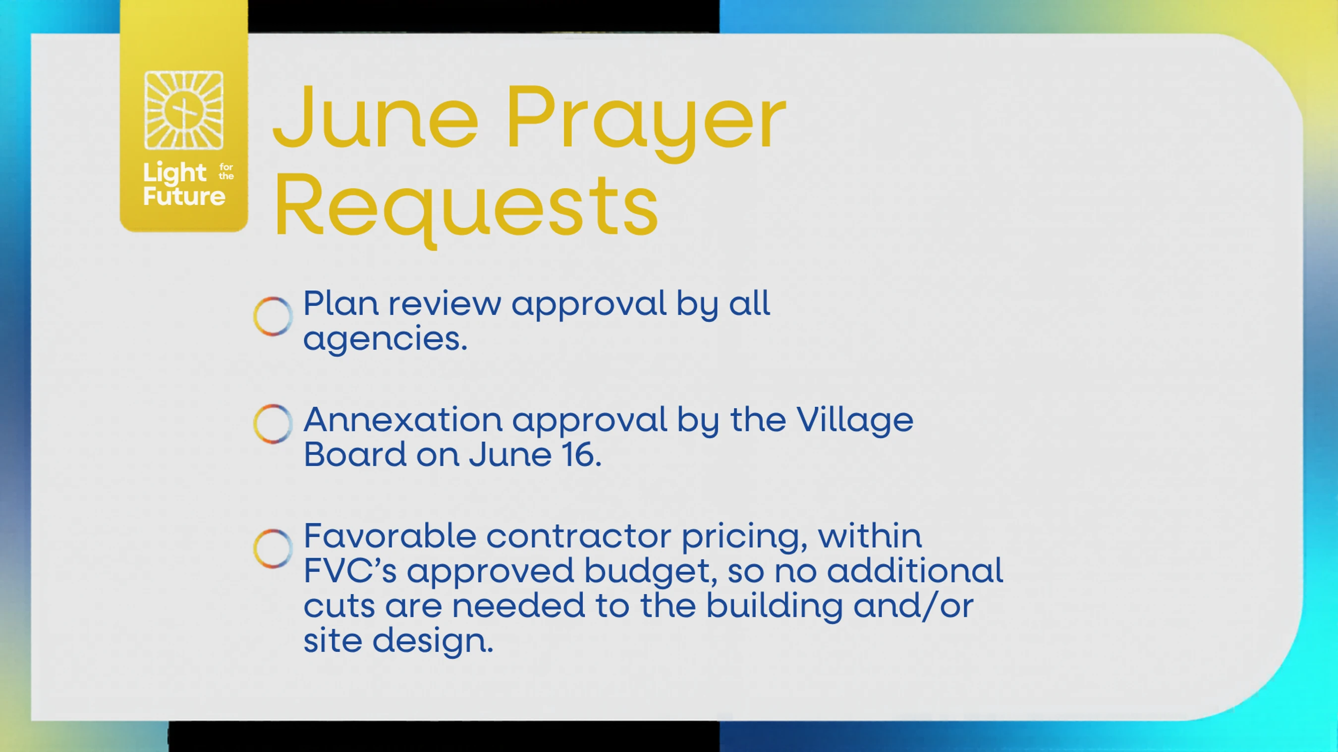 A graphic listing June prayer requests for the 'Light for the Future' campaign, including plan approval, annexation approval, and favorable contractor pricing.