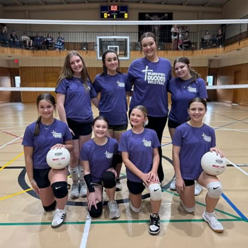 A girls' volleyball team of eight players in matching purple jerseys poses for a photo on an indoor court, with four standing and four kneeling.