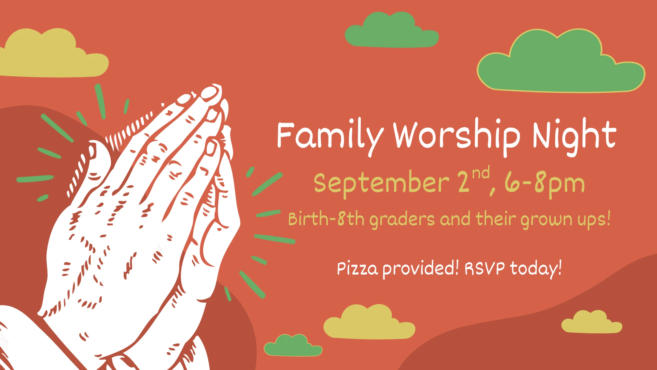 An illustrated invitation for Family Worship Night on September 2nd. It features praying hands on a red background with text details for the event.