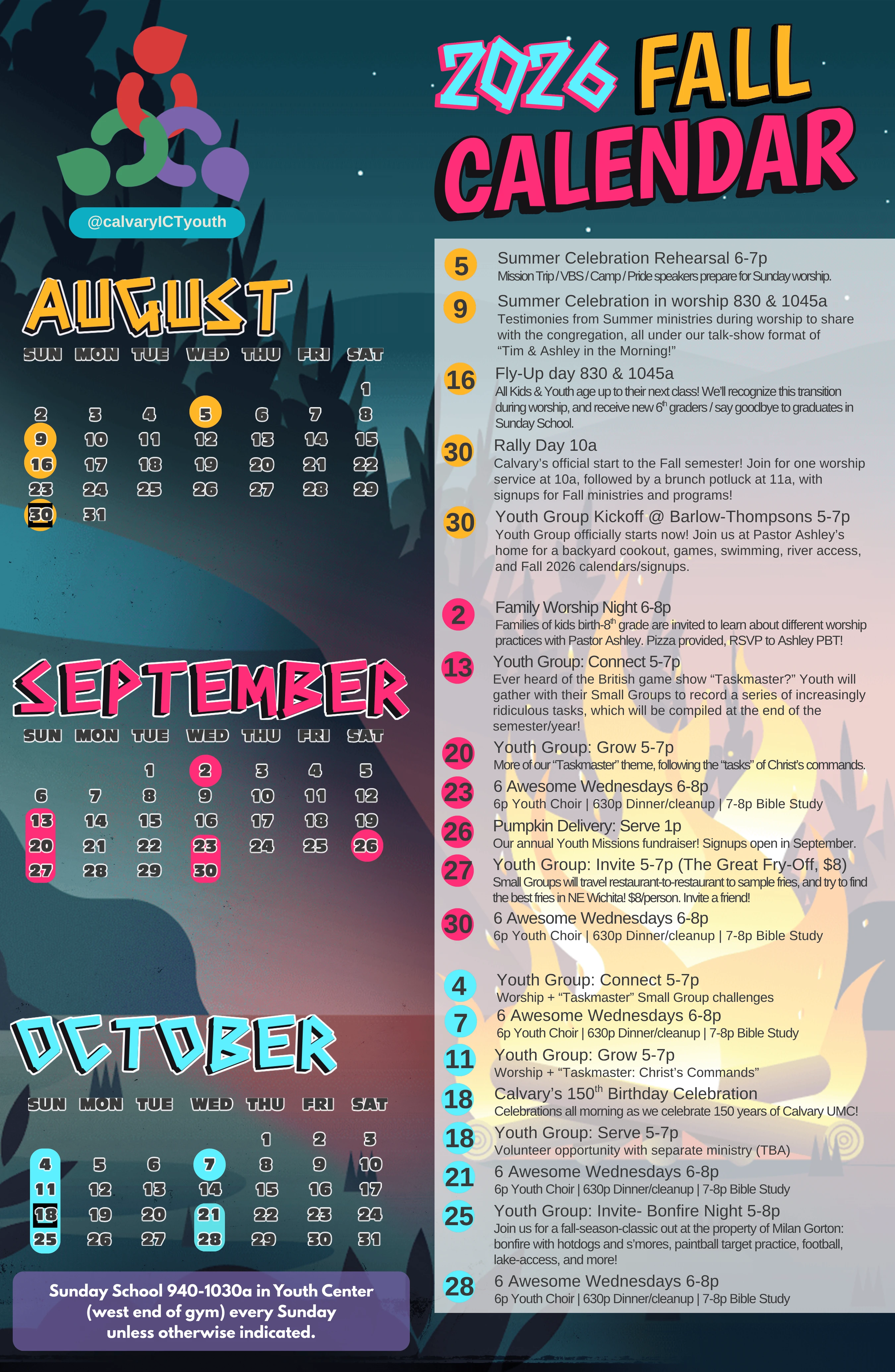 A colorful flyer for the Calvary ICT Youth 2026 Fall Calendar, detailing events and schedules for August, September, and October.