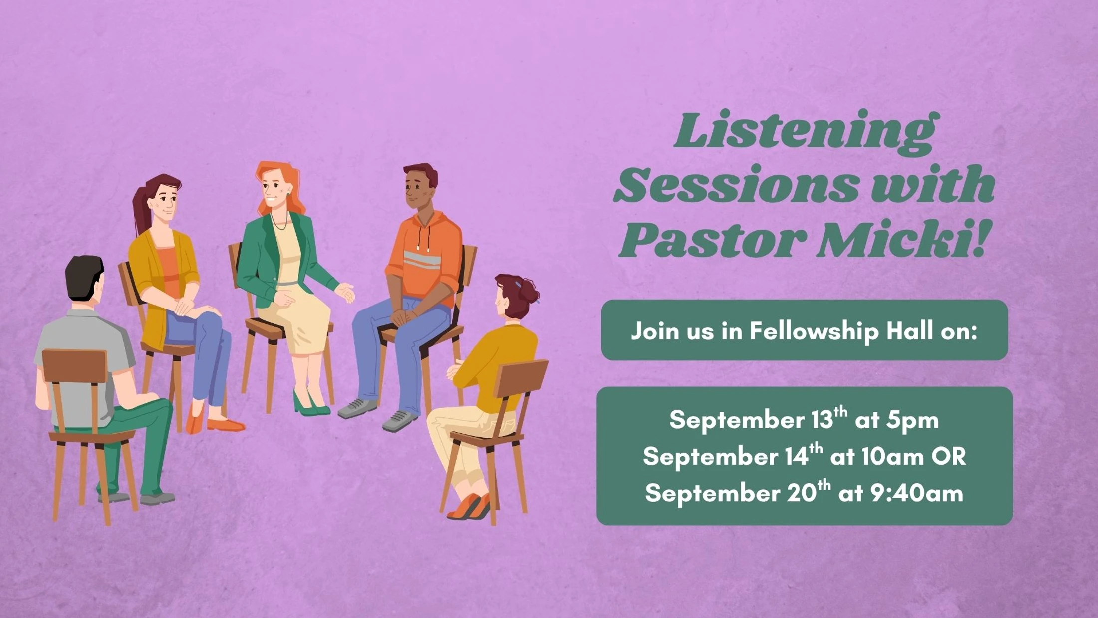 An illustration of a diverse group of people sitting in a circle, with text advertising Listening Sessions with Pastor Micki on various dates in September.