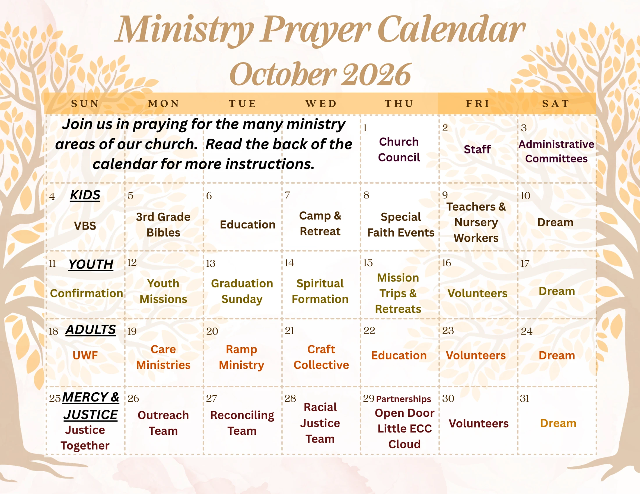 A monthly calendar for October 2026 titled "Ministry Prayer Calendar." Each day lists a different ministry area of a church to pray for.