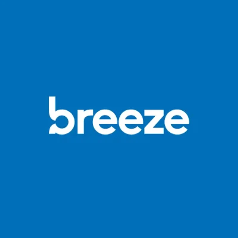The word 'breeze' written in a stylized, lowercase white font, centered on a solid blue background. The letter 'b' has a unique, circular design.