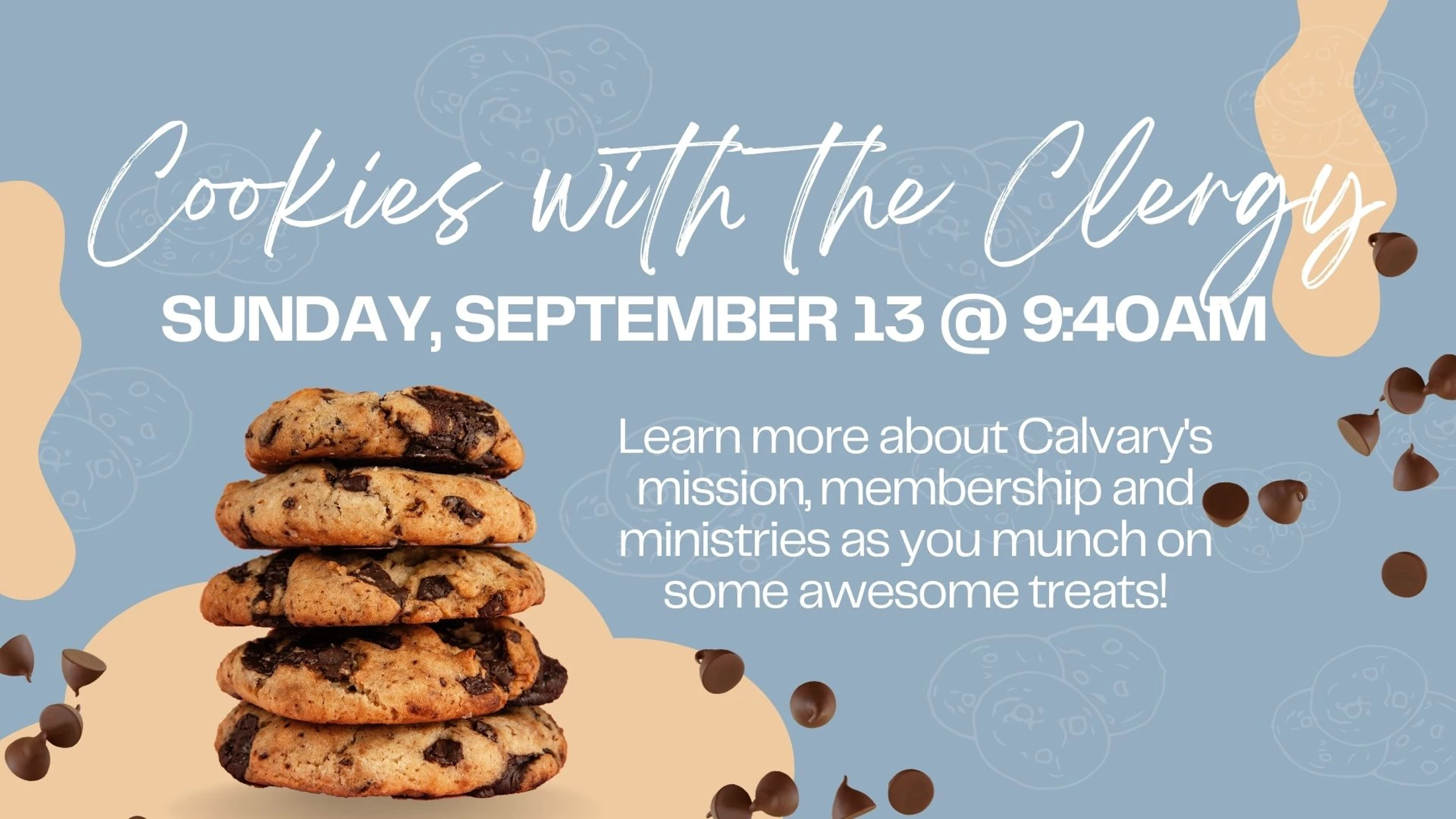 An event poster for 'Cookies with the Clergy' on Sunday, September 13, featuring a stack of chocolate chip cookies on a blue background.