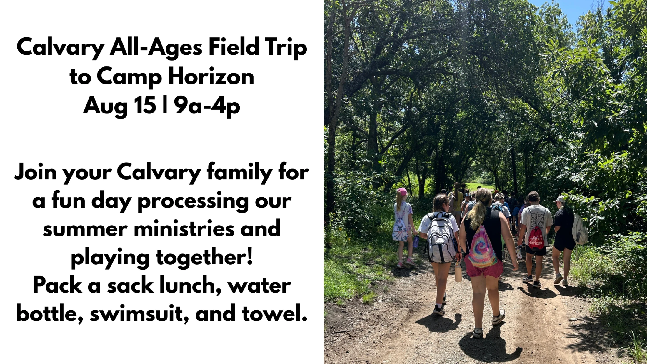 An announcement for the Calvary Field Trip to Camp Horizon on Aug 15. A photo shows a group of young people hiking on a sunny, wooded trail.