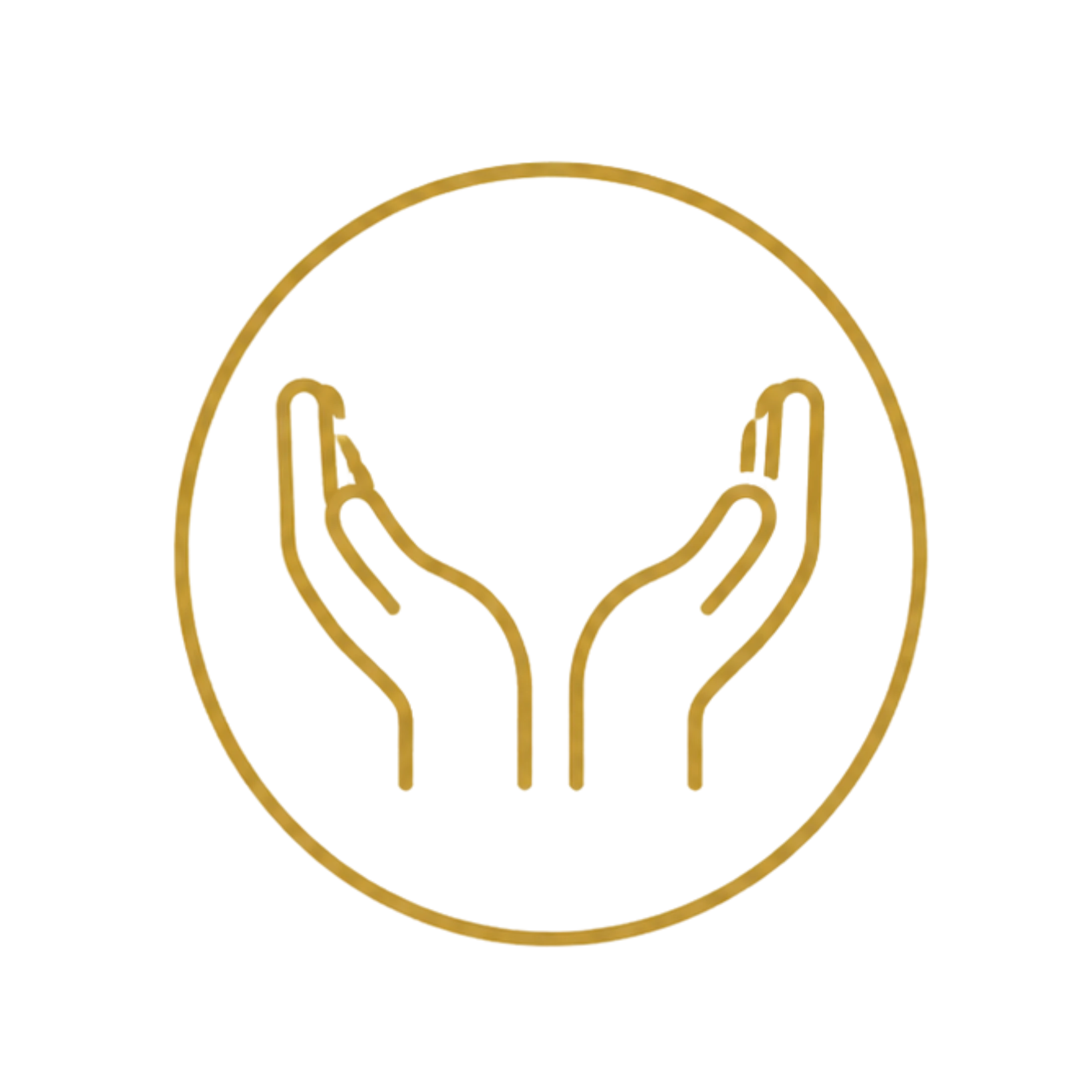 A simple gold icon of two open, cupped hands inside a circle on a white background, symbolizing care, support, or an offering.