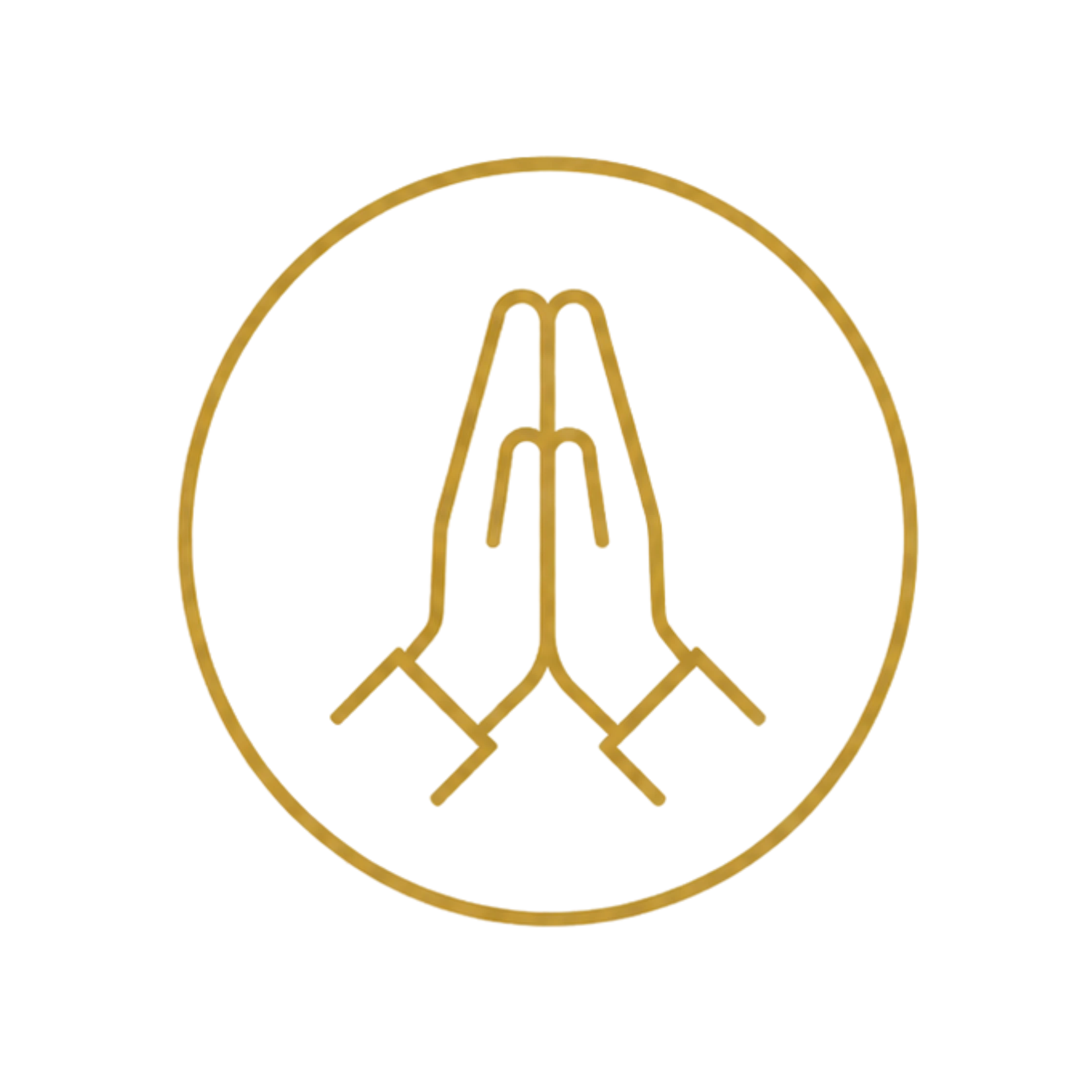 A simple gold line drawing of two hands pressed together in prayer or greeting, enclosed within a circle on a white background.