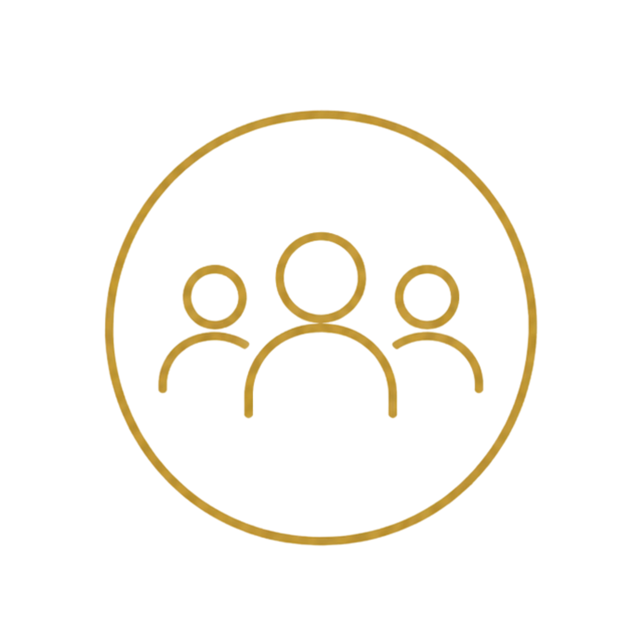 A gold line-art icon showing three stylized figures representing a group or team, enclosed within a circle on a white background.