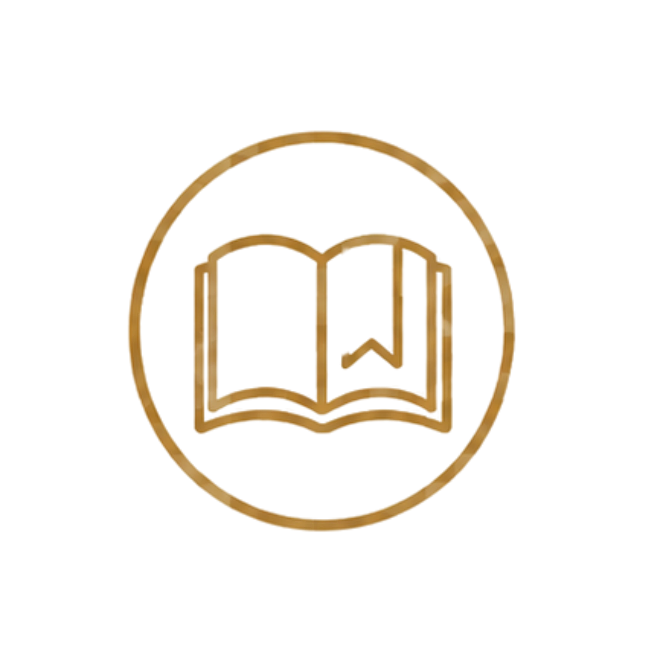 A gold-colored line icon of an open book with a ribbon bookmark, enclosed within a circle on a white background.