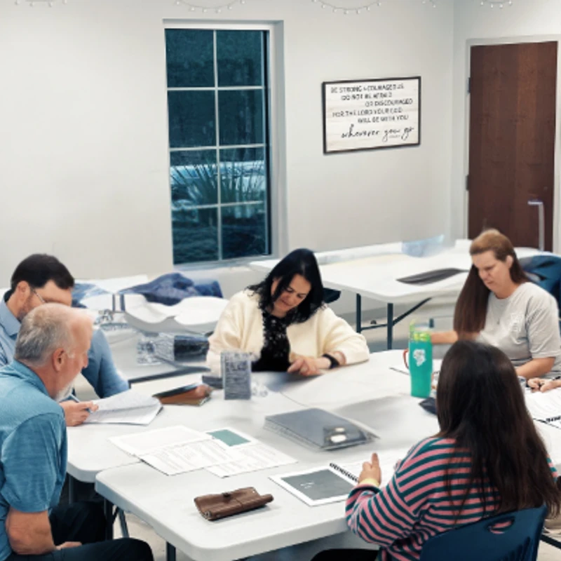 Six adults are sitting around a white table in a classroom setting, attentively reading from books and papers during a group study.