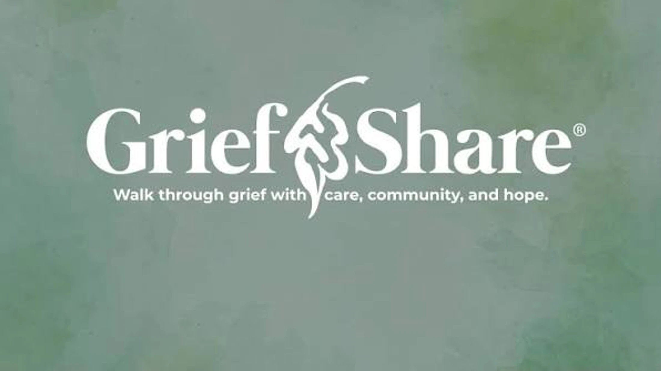 The GriefShare logo in white text on a muted green background. The tagline reads, "Walk through grief with care, community, and hope."