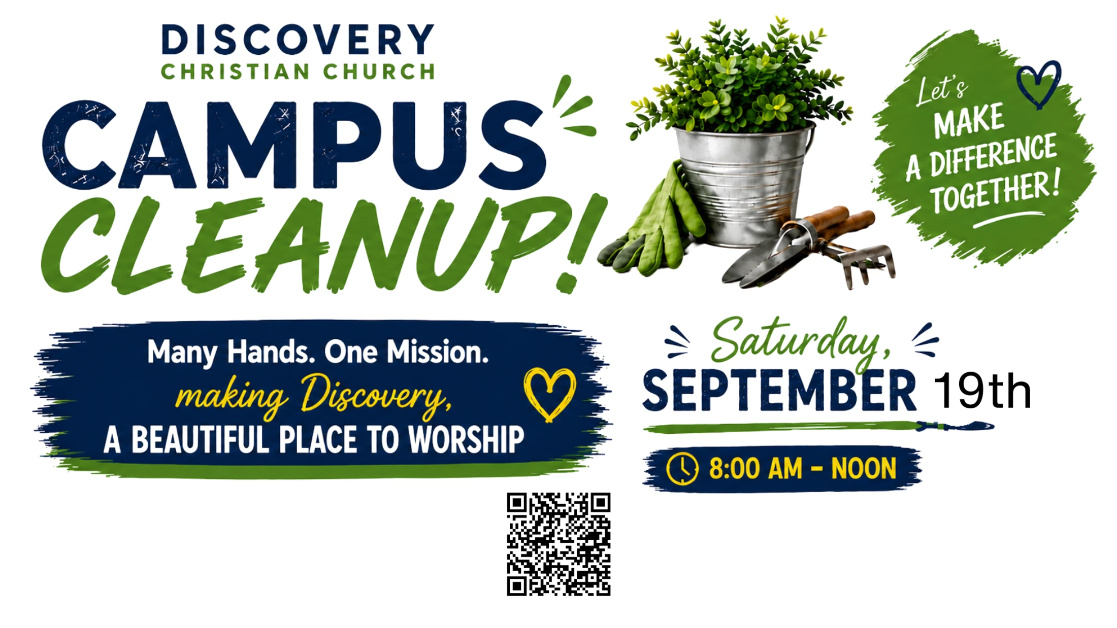 A graphic for Discovery Christian Church's Campus Cleanup on Saturday, September 19th, from 8 AM to noon, with images of gardening tools and a QR code.
