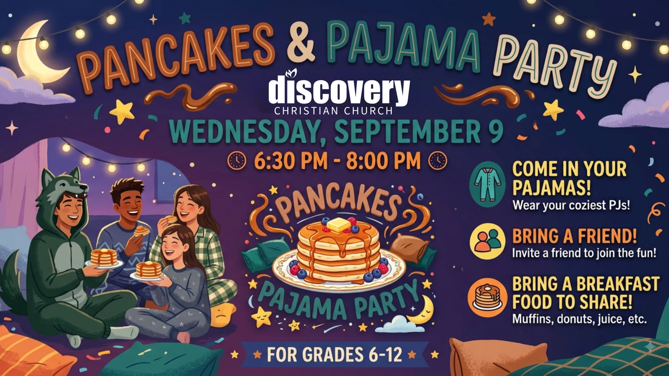 Flyer for a 'Pancakes & Pajama Party' for grades 6-12, showing illustrated teens in PJs eating pancakes under a starry sky with string lights.