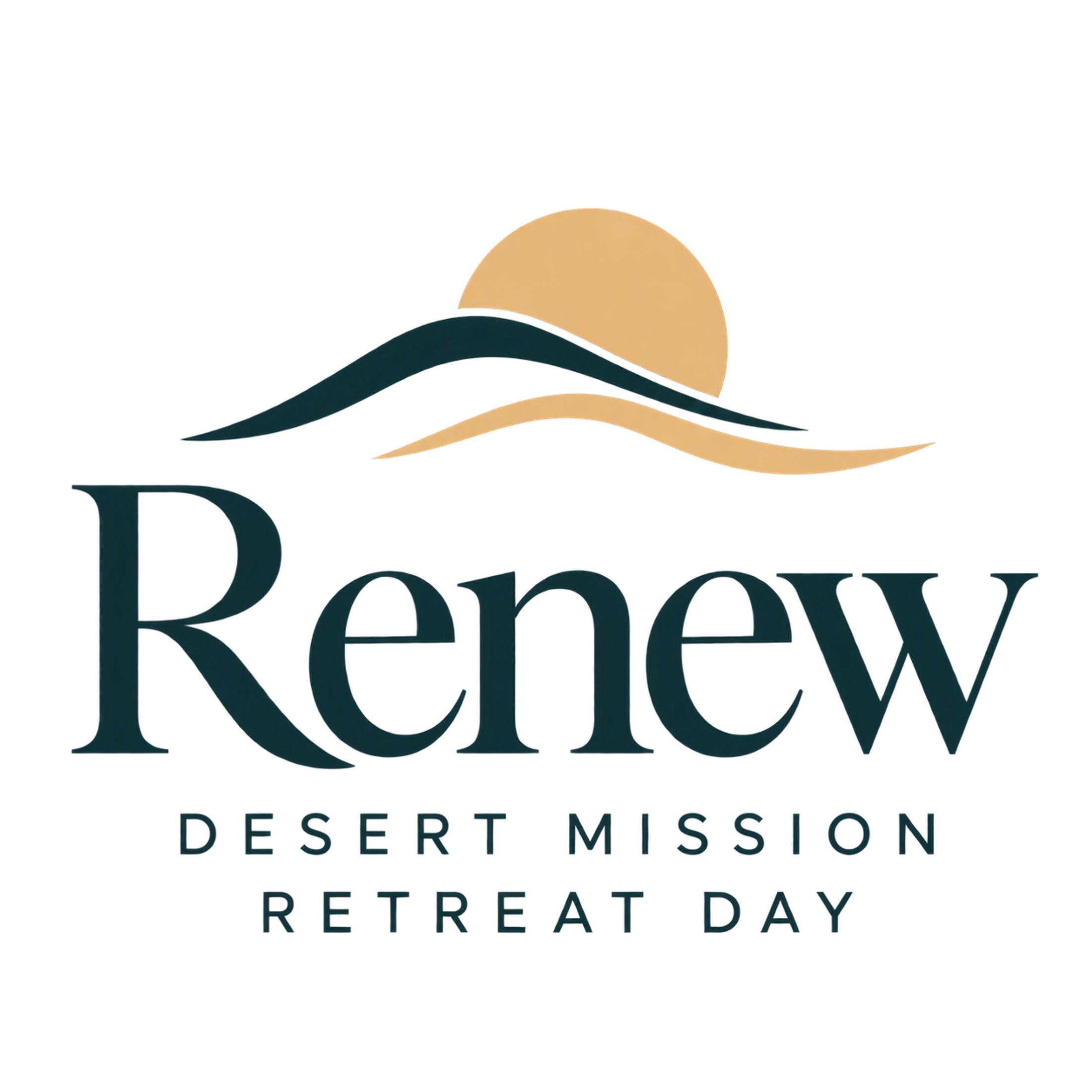 Logo for Renew Desert Mission Retreat Day, featuring the word 'Renew' under a stylized sun setting over dark teal and gold rolling hills on a white background.
