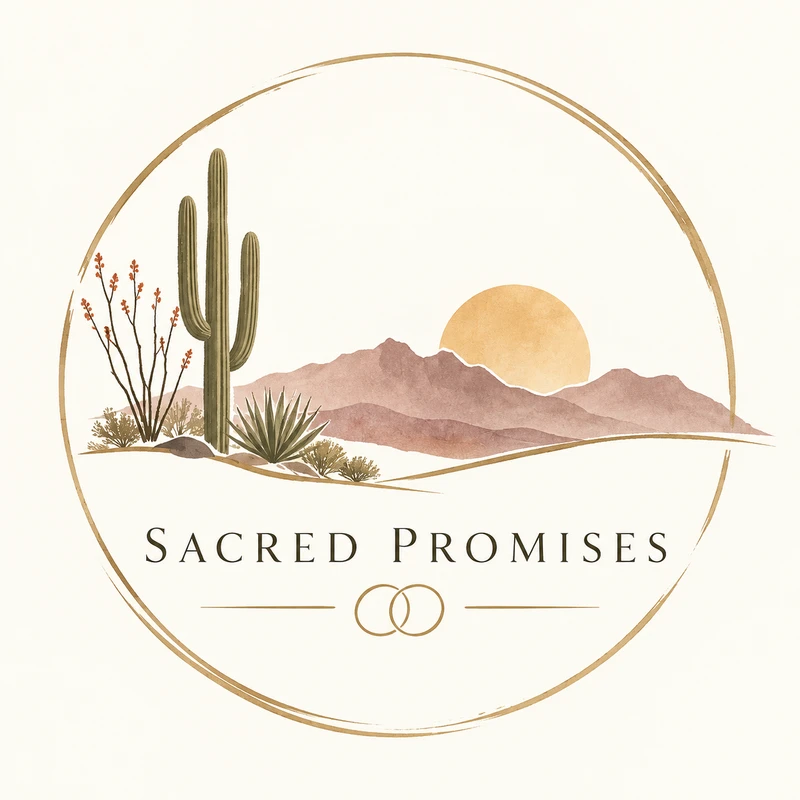 Logo for 'Sacred Promises' showing a watercolor desert scene with a saguaro cactus, mountains, and sun, framed by a gold circle with two wedding rings.