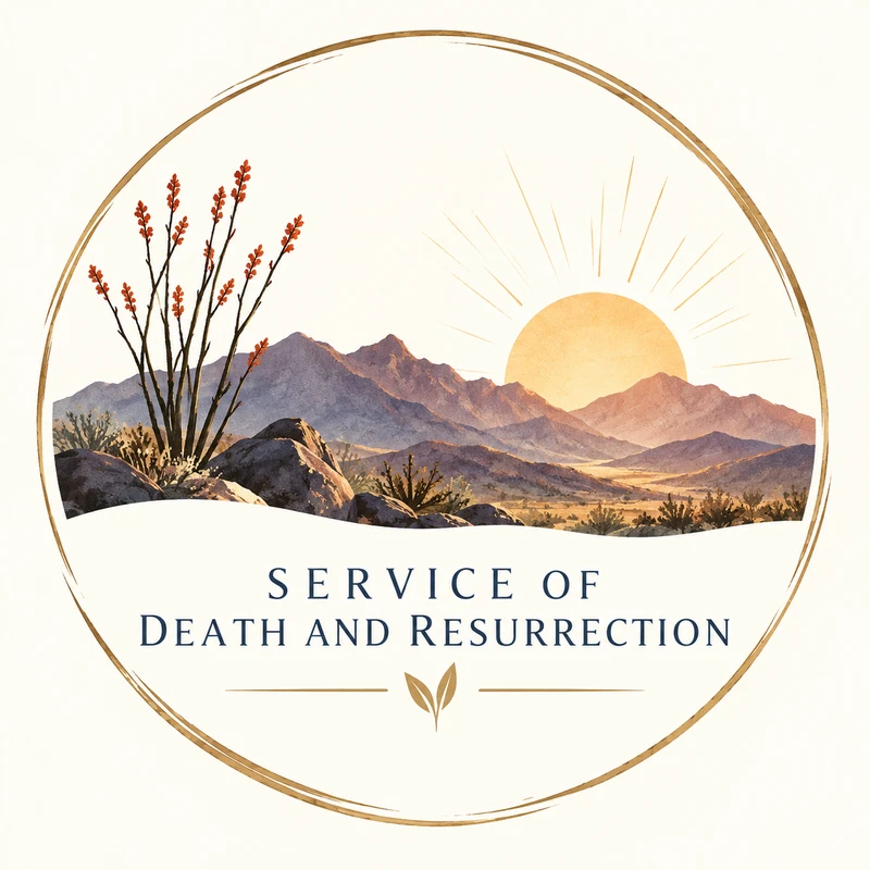 A circular logo with a watercolor desert landscape at sunrise. Below, the text reads "Service of Death and Resurrection."