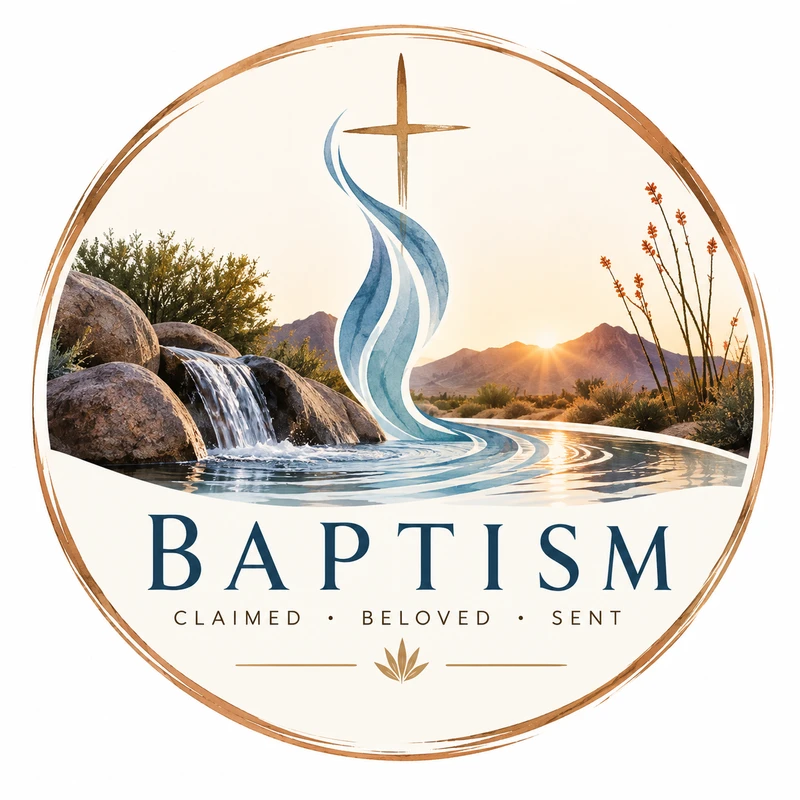 A circular logo for Baptism with a desert river scene, a waterfall, and a sunrise. A golden cross is above the water. Text reads 'Claimed, Beloved, Sent'.