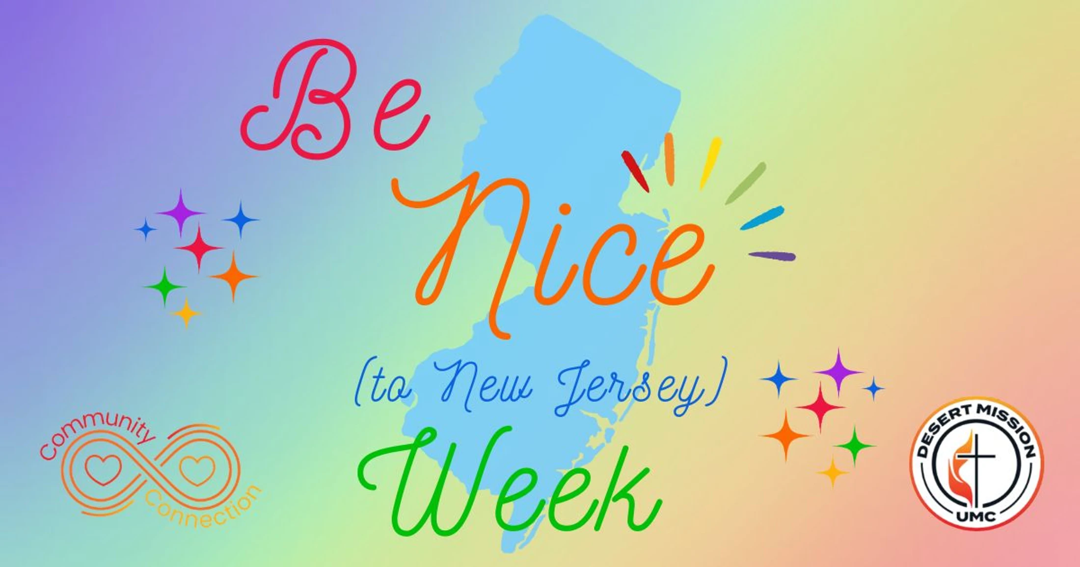 A colorful graphic for 'Be Nice (to New Jersey) Week' with a rainbow gradient background, an outline of the state, and sponsor logos.
