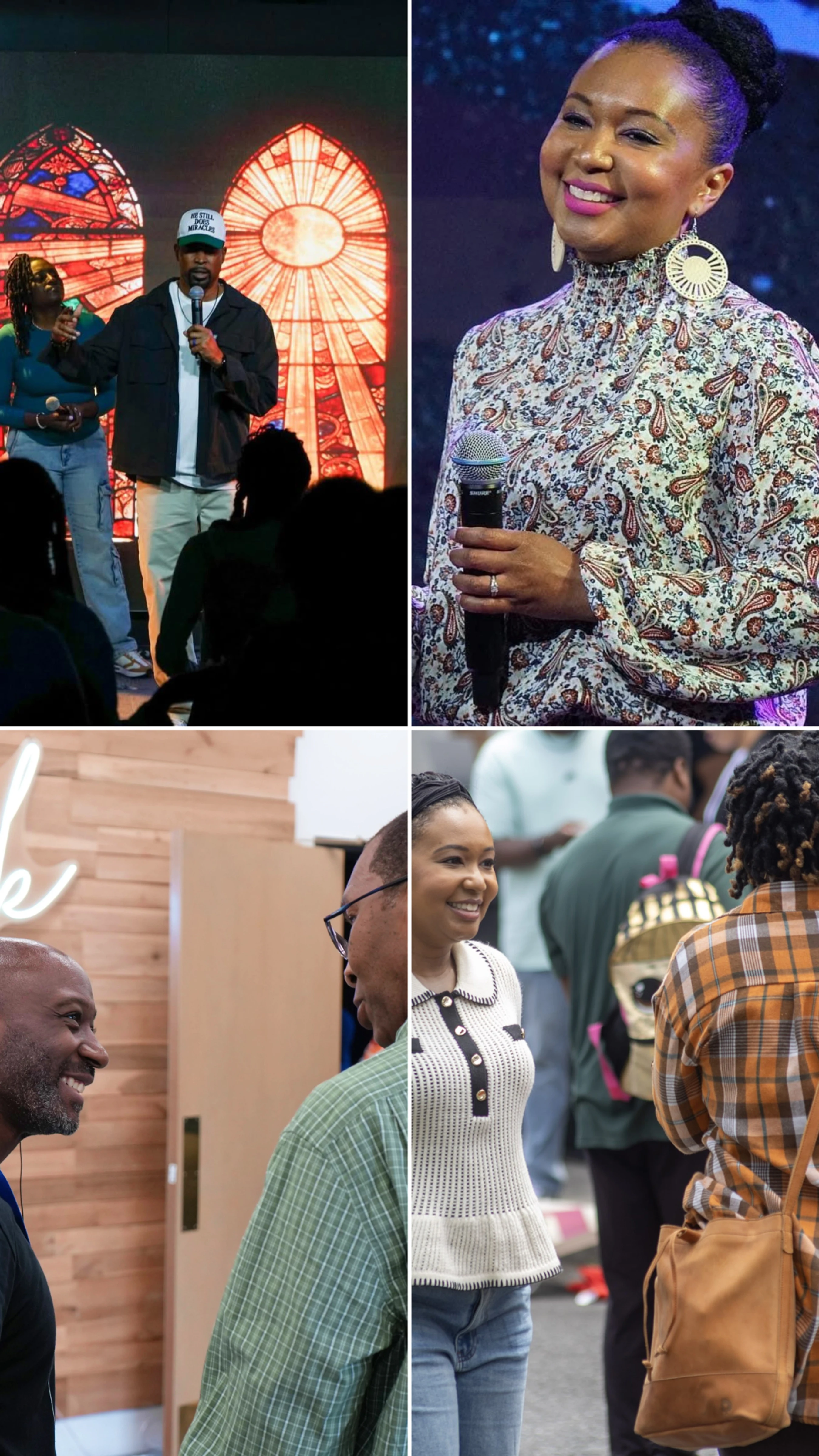 A four-panel collage showing Black people at a gathering. Scenes include speakers on stage with microphones and attendees smiling and talking with each other.