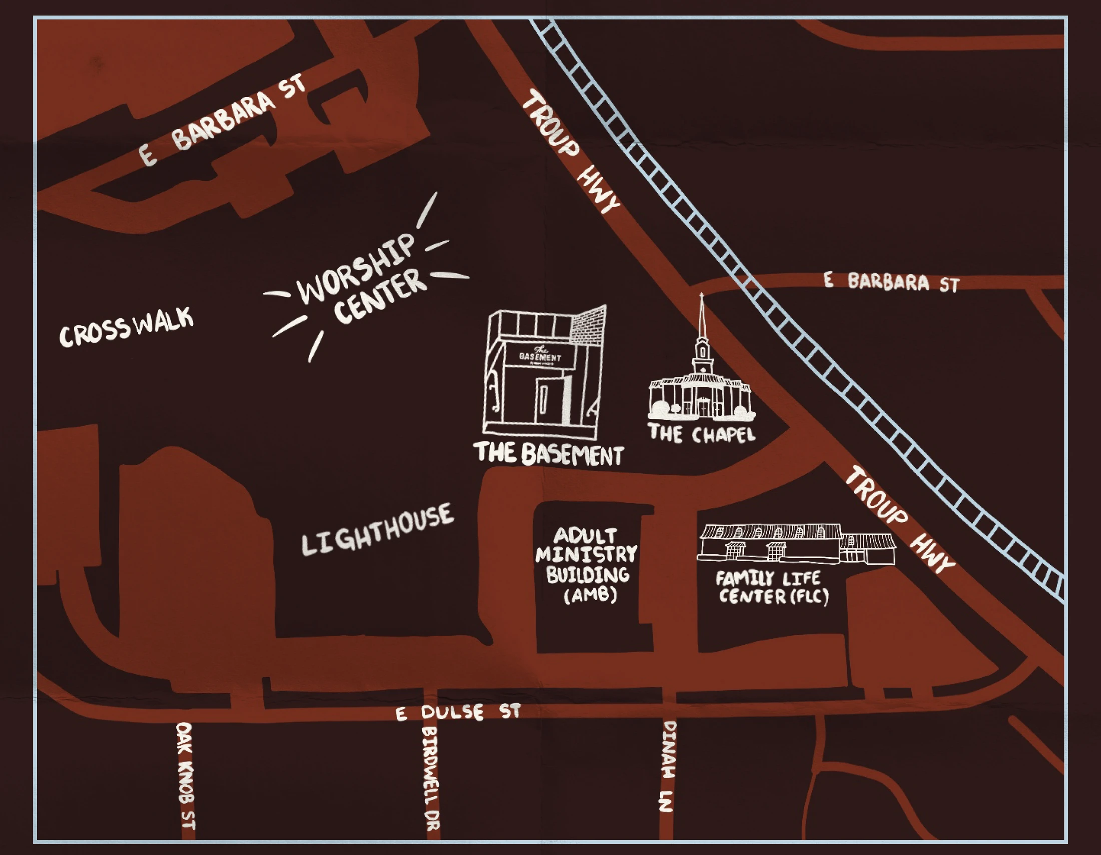 A hand-drawn, stylized map on a dark brown background showing the layout of a church campus with various buildings and surrounding streets labeled.
