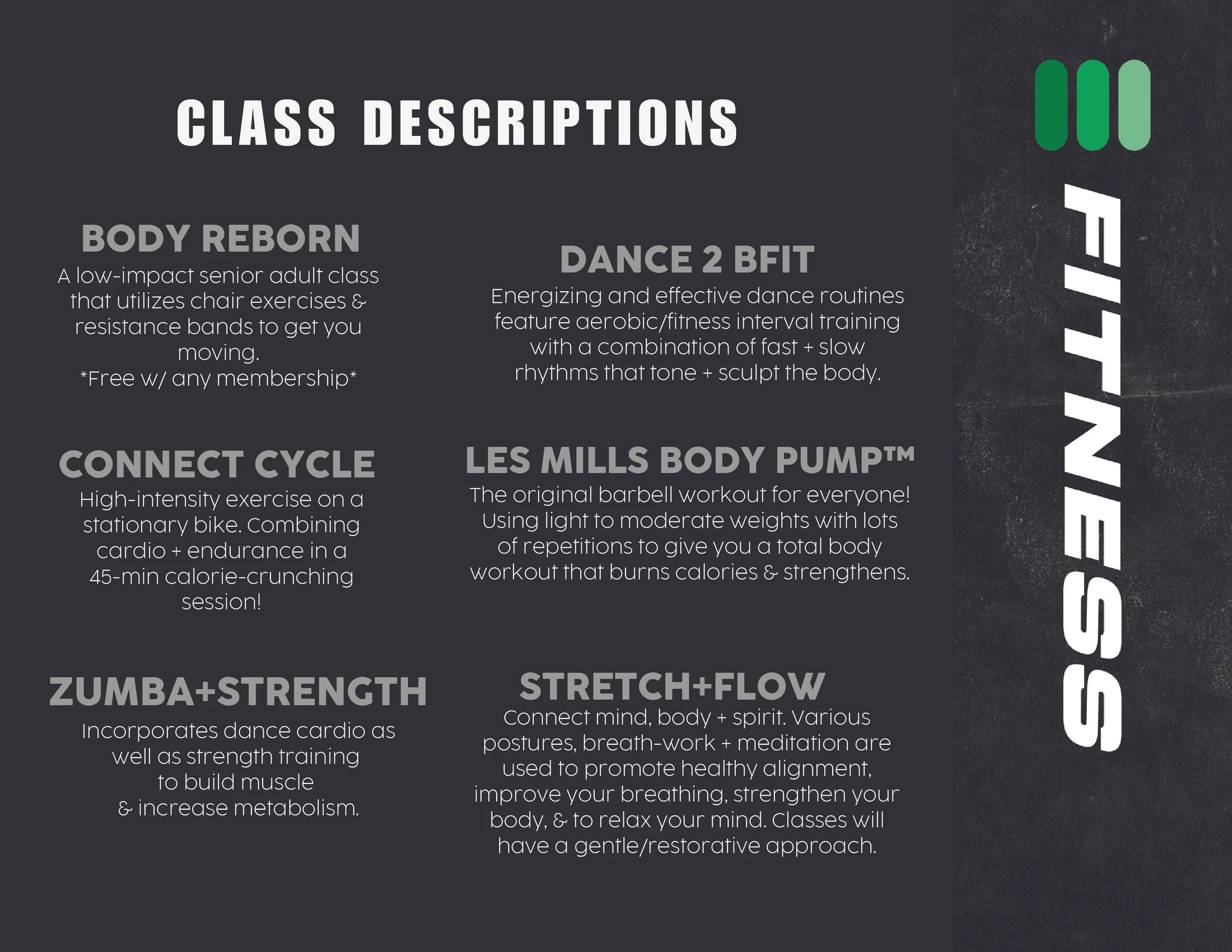 A graphic on a dark background listing descriptions for six fitness classes: Body Reborn, Dance 2 Bfit, Connect Cycle, Les Mills Body Pump, and Stretch+Flow.