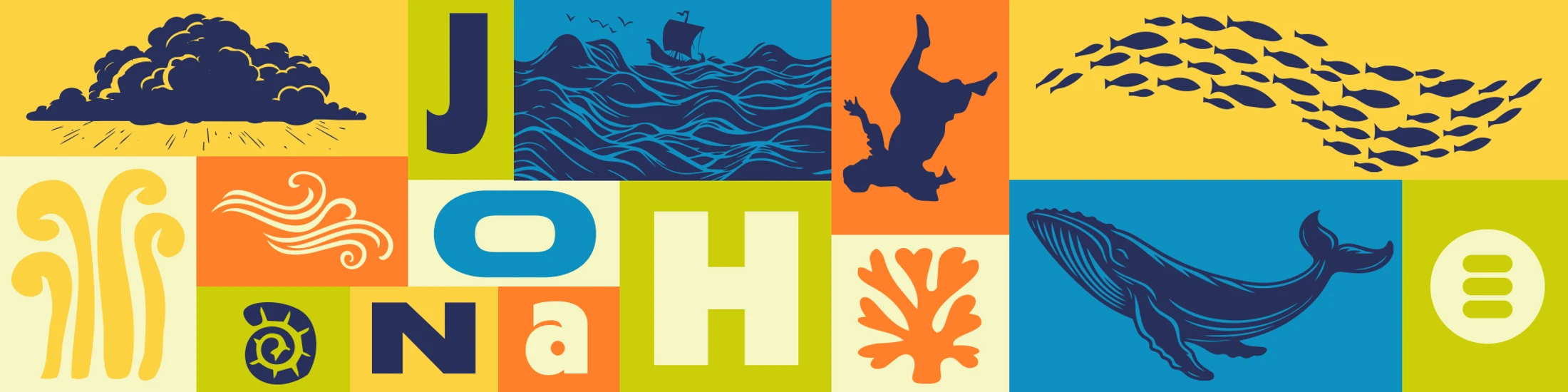 A colorful graphic collage illustrating the biblical story of Jonah. Panels show a storm, a ship, a falling man, a whale, fish, and the name Jonah.